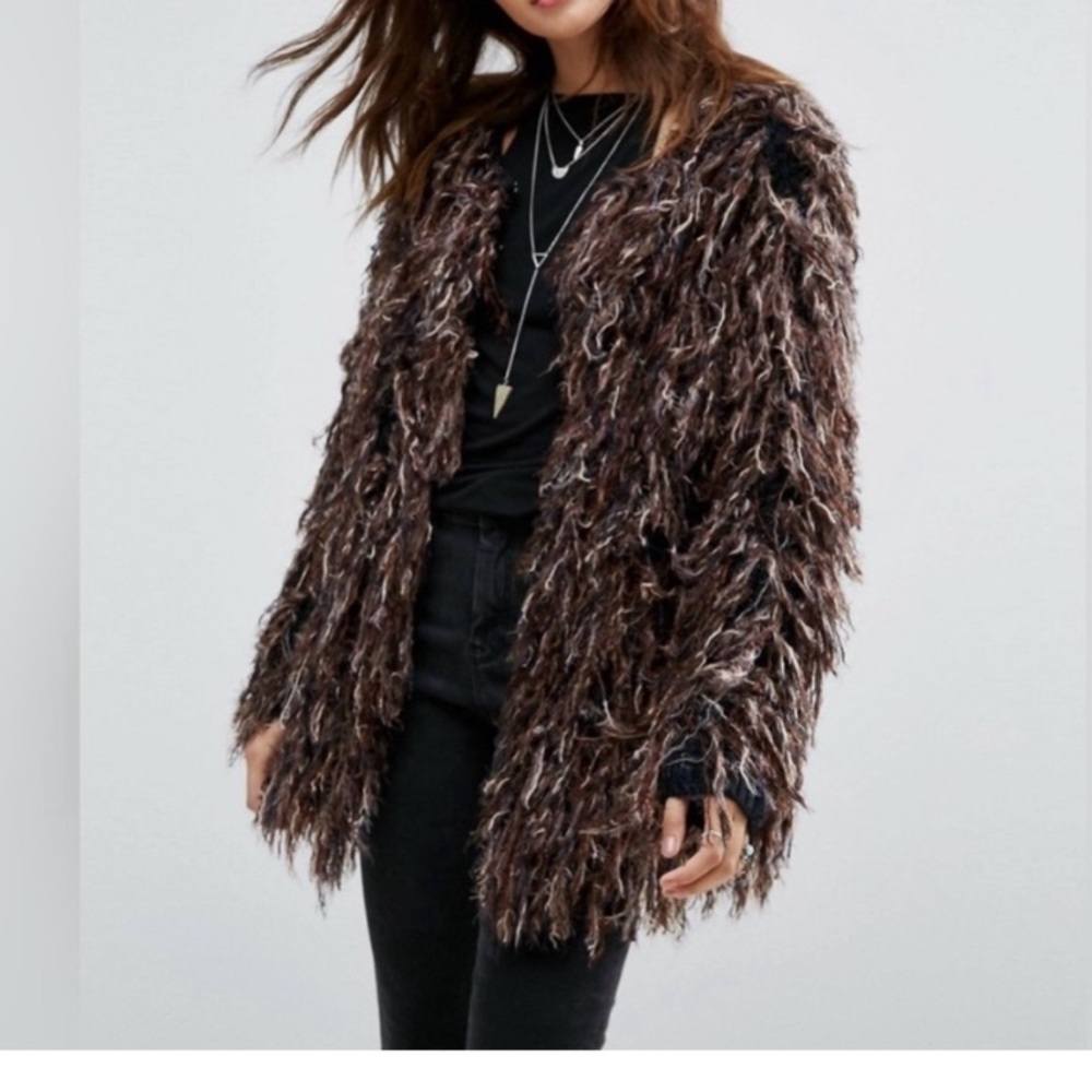 Free People Brown Multi Faux Fur Teddy Jacket